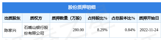 青龙管业002457股东陈家兴质押280万股占总股本084