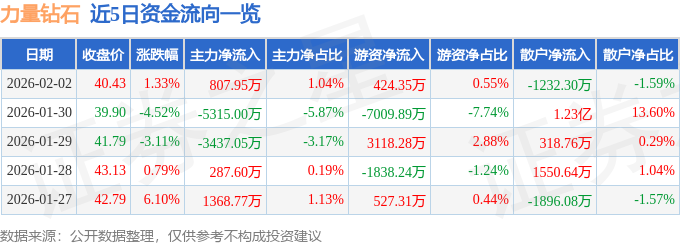 力量钻石（301071）2月2日主力资金净买入807.95万元