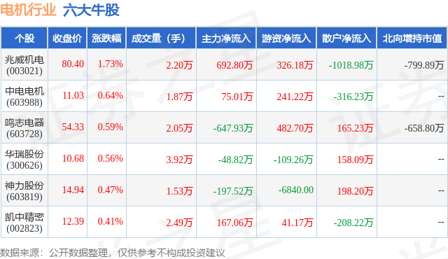 1月15日电机行业六大牛股一览