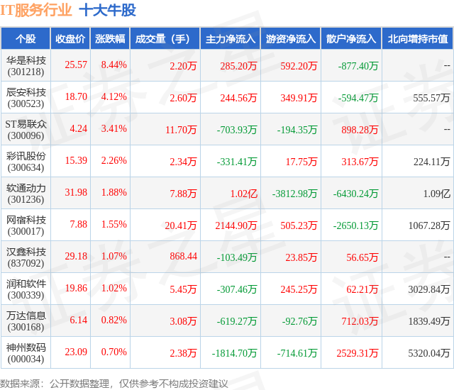 2月1日IT服务行业十大牛股一览