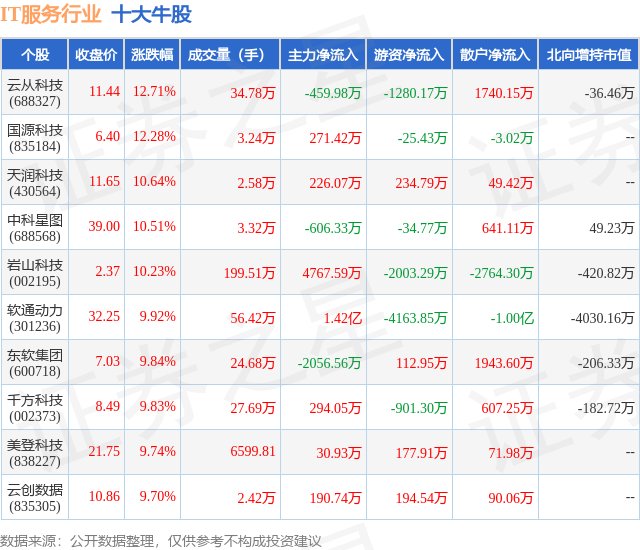2月6日IT服务行业十大牛股一览