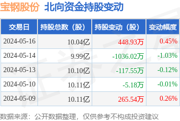 宝钢股份(600019):5月16日北向资金增持448.93万股_股票频道_证券之星