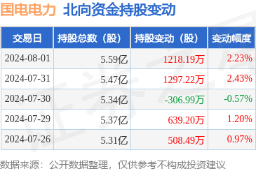 国电电力(600795):8月1日北向资金增持1218.19万股,沪股通排名第21