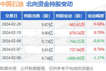 中国石油6018572月20日北向资金增持66565万股沪股通排名第32