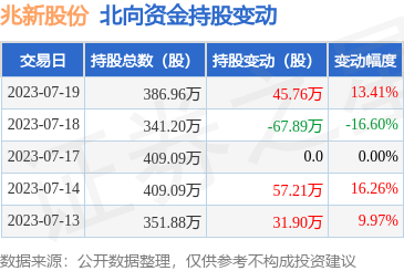 兆新股份0022567月19日北向资金增持4576万股