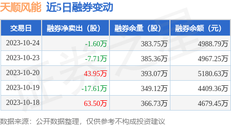 天顺风能10月24日融资买入160404万元融资融券余额311亿元