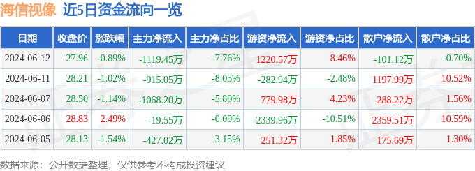 海信视像（600060）6月12日主力资金净卖出1119.45万元