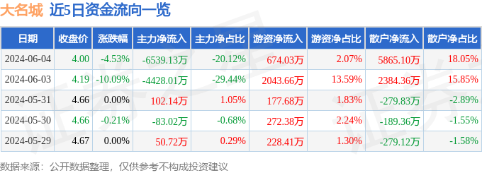 大名城（600094）6月4日主力资金净卖出6539.13万元