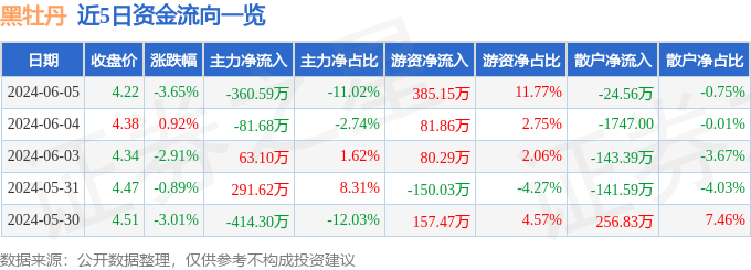 黑牡丹（600510）6月5日主力资金净卖出360.59万元