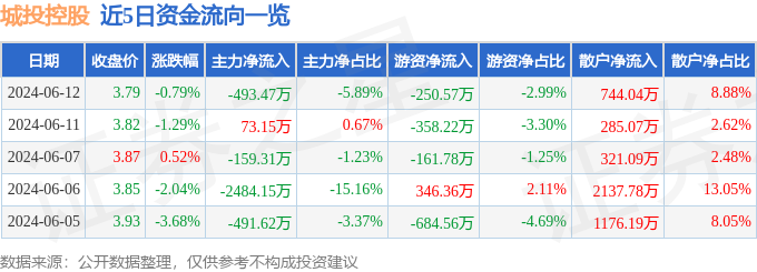 城投控股（600649）6月12日主力资金净卖出493.47万元