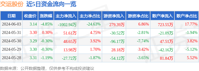 交运股份（600676）6月3日主力资金净卖出1002.94万元