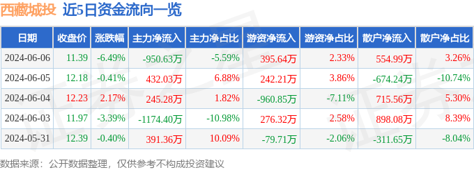 西藏城投（600773）6月6日主力资金净卖出950.63万元