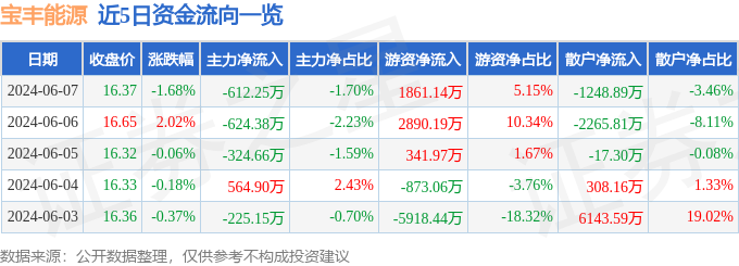 宝丰能源（600989）6月7日主力资金净卖出612.25万元