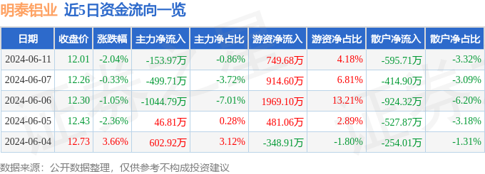 明泰铝业（601677）6月11日主力资金净卖出153.97万元