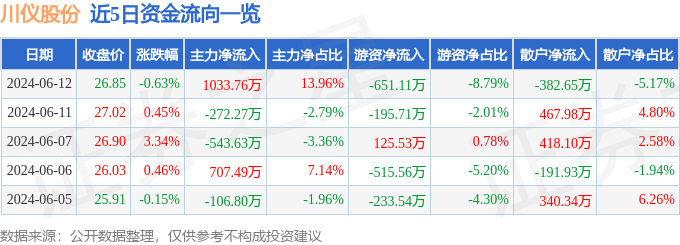 股票行情快报：川仪股份（603100）6月12日主力资金净买入1033.76万元