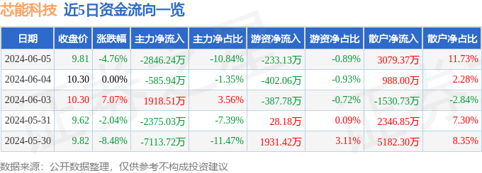 芯能科技（603105）6月5日主力资金净卖出2846.24万元