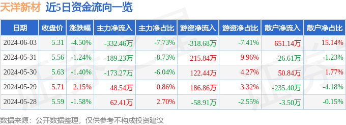 天洋新材（603330）6月3日主力资金净卖出332.46万元