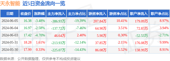 天永智能（603895）6月5日主力资金净卖出38693万元