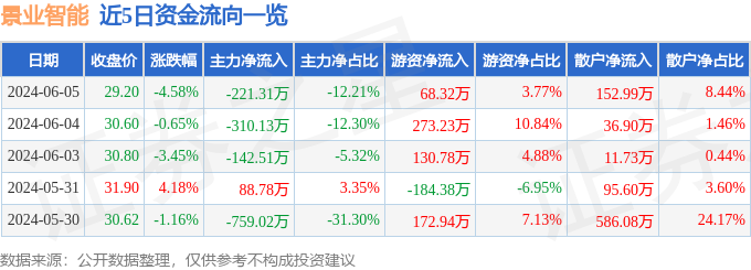 景业智能（688290）6月5日主力资金净卖出221.31万元