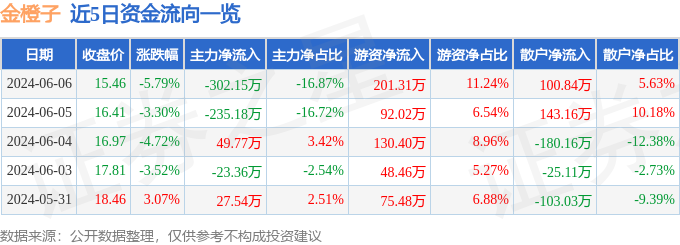 股票行情快报：金橙子（688291）6月6日主力资金净卖出302.15万元