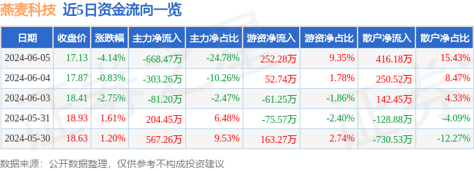 燕麦科技（688312）6月5日主力资金净卖出668.47万元