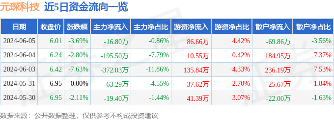 元琛科技（688659）6月5日主力资金净卖出16.80万元