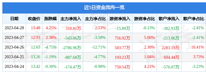 股票行情快报：神州信息（000555）4月28日主力资金净买入318.81万元