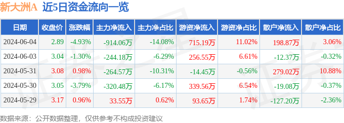 新大洲A（000571）6月4日主力资金净卖出914.06万元