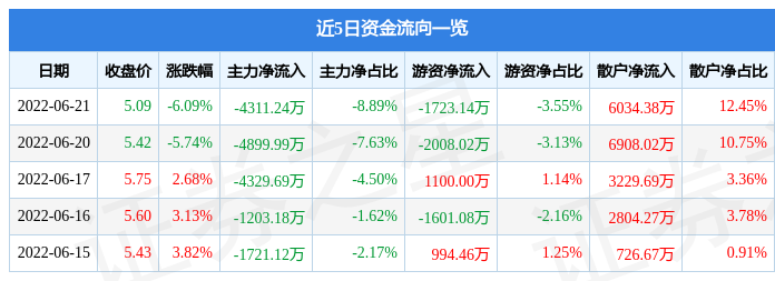 宝塔实业6月21日主力资金净卖出431124万元