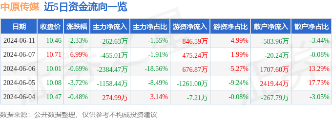 中原传媒（000719）6月11日主力资金净卖出262.63万元