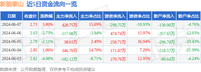 股票行情快报：新能泰山（000720）6月7日主力资金净买入428.75万元