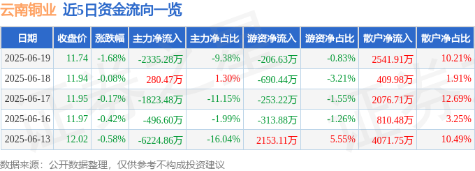 股票行情快报：云南铜业（000878）6月19日主力资金净卖出2335.28万元