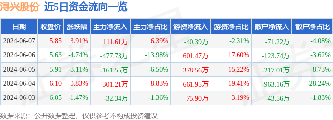 股票行情快报：浔兴股份（002098）6月7日主力资金净买入111.61万元