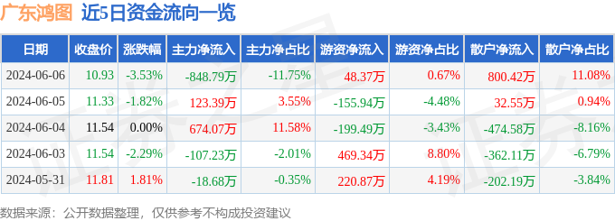 股票行情快报：广东鸿图（002101）6月6日主力资金净卖出848.79万元