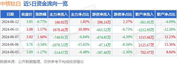 中核钛白（002145）6月12日主力资金净买入160.82万元