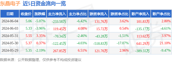 东晶电子（002199）6月4日主力资金净卖出233.58万元