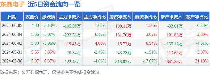 东晶电子（002199）6月5日主力资金净卖出105.50万元