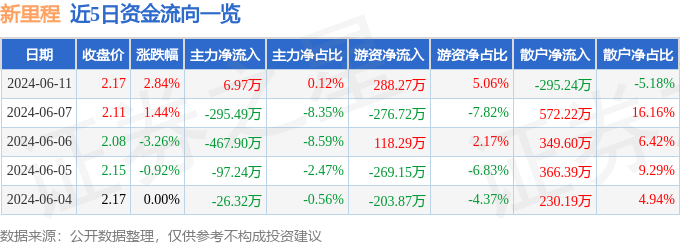 股票行情快报：新里程（002219）6月11日主力资金净买入6.97万元