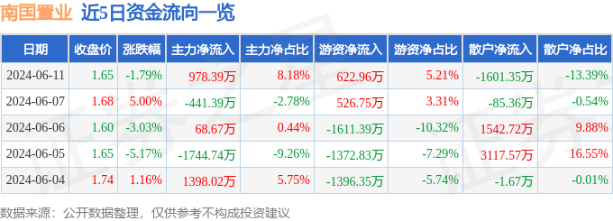 南国置业（002305）6月11日主力资金净买入978.39万元