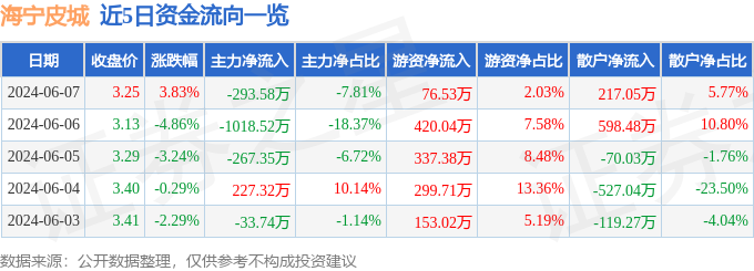 股票行情快报：海宁皮城（002344）6月7日主力资金净卖出293.58万元