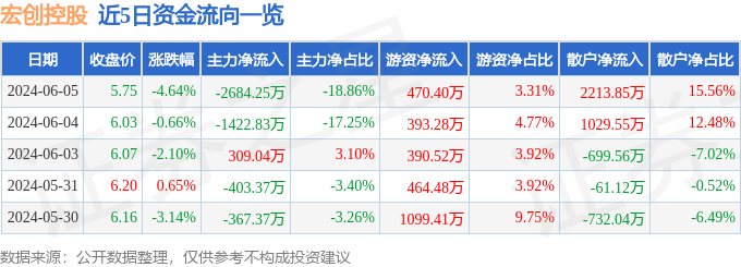 宏创控股（002379）6月5日主力资金净卖出2684.25万元