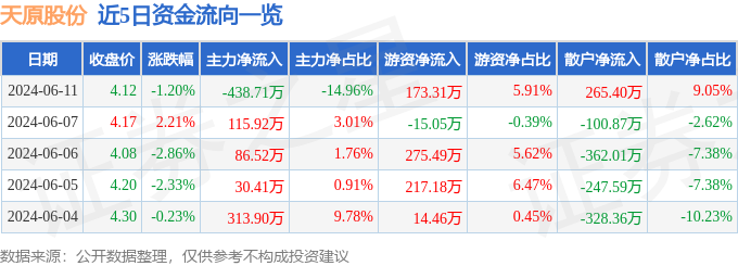 股票行情快报：天原股份（002386）6月11日主力资金净卖出438.71万元