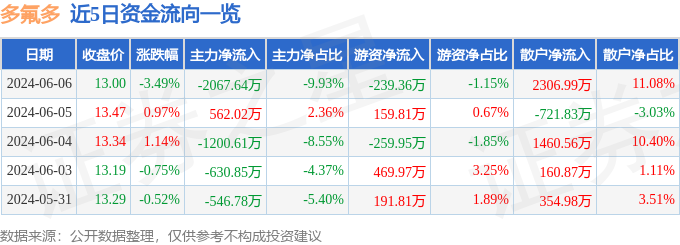 股票行情快报：多氟多（002407）6月6日主力资金净卖出2067.64万元