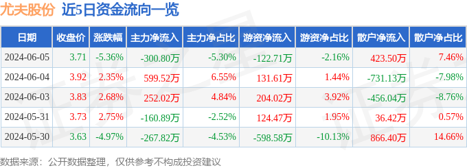 尤夫股份（002427）6月5日主力资金净卖出300.80万元