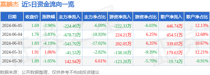 股票行情快报：嘉麟杰（002486）6月5日主力资金净卖出224.40万元