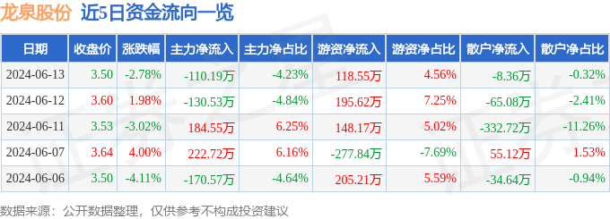 龙泉股份（002671）6月13日主力资金净卖出110.19万元