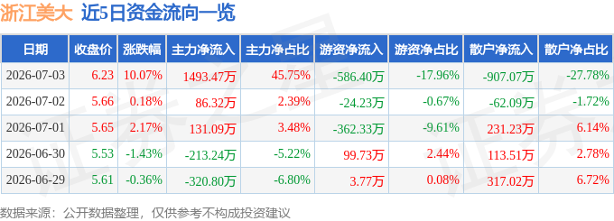 浙江美大（002677）7月3日主力资金