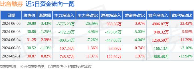 股票行情快报：比音勒芬（002832）6月6日主力资金净卖出5775.23万元