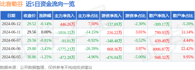 股票行情快报：比音勒芬（002832）6月12日主力资金净买入446.26万元