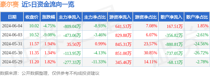 豪尔赛（002963）6月4日主力资金净卖出809.04万元